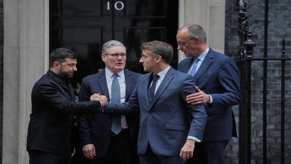 Ukrainian President Volodymyr Zelenskyy, left, with Britain's Prime Minister Keir Starmer, French President Emmanuel Macron, and German Chancellor Friedrich Merz pose on the doorstep of 10 Downing Street, London, on Monday, following a meeting of the leaders inside. AP Ukrainian President Volodymyr Zelenskyy, left, with Britain's Prime Minister Keir Starmer, French President Emmanuel Macron, and German Chancellor Friedrich Merz pose on the doorstep of 10 Downing Street, London, on Monday, following a meeting of the leaders inside. AP