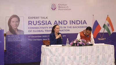 Lydia Kulik, the Head of India Studies at the Moscow School of Management, speaks during an expert talk at Delhi on December 4, 2025. (Photo: X/Chintan Research Foundation)