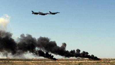 Pakistan Air Force F-16 fighter planes attack a target during a demonstration at Sonmiani fire range near Karachi on November 17, 2000. (Photo: Reuters)