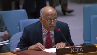 Harish Parvathaneni, the Permanent Representative of India to the United Nations (UN), speaks during an open debate on 'Leadership for Peace' on December 15, 2025, at New York, USA. (Photo: X/India at UN)