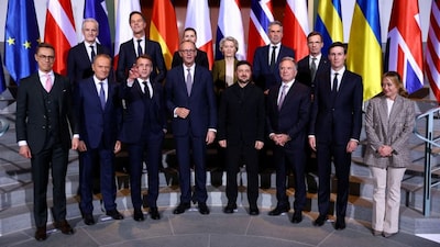 Ukraine's President Volodymyr Zelenskyy gathers for a family photo with US Special Envoy Steve Witkoff, Jared Kushner, German Chancellor Friedrich Merz, French President Emmanuel Macron, EU chief Ursula von der Leyen, Nato chief Mark Rutte, Denmark's Prime Minister Mette Frederiksen, Finland's President Alexander Stubb, Italian PM Giorgia Meloni, Norway's PM Jonas Gahr Store, Poland's PM Donald Tusk, and Dutch PM Dick Schoof, at the Chancellery in Berlin, Germany, on December 15, 2025. (Photo: Lisi Niesner/Pool/Reuters)