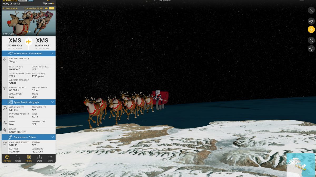 Santa's sleigh is live on Flightradar24. Credits/Flightradar24 Santa's sleigh is live on Flightradar24. Credits/Flightradar24
