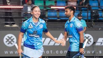 GS Delhi Aces’ Sofia Costoulas and Jeevan Nedunchezhiyan in action during a mixed doubles match in Season 7 of the Tennis Premier League