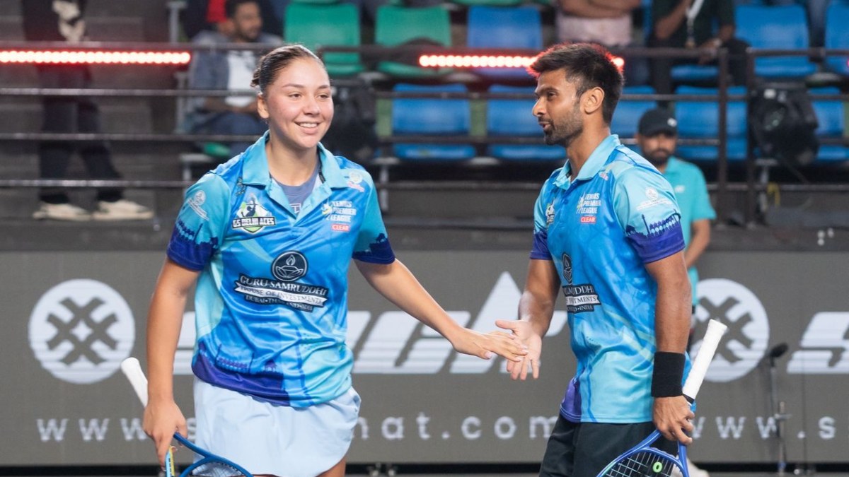 GS Delhi Aces’ Sofia Costoulas and Jeevan Nedunchezhiyan in action during a mixed doubles match in Season 7 of the Tennis Premier League GS Delhi Aces’ Sofia Costoulas and Jeevan Nedunchezhiyan in action during a mixed doubles match in Season 7 of the Tennis Premier League