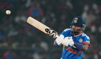 India's Hardik Pandya plays a shot during the first T20 International cricket match between India and South Africa in Cuttack, India, Tuesday, Dec. 9, 2025. AP