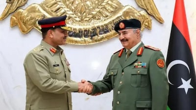 Pakistan's Chief of Defence Force Asim Munir calls on Commander-in-Chief of the Libyan Arab Armed Forces Khalifa Belqasim Haftar, in Libya on December 18. — ISPR/File