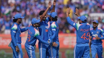 Indian players celebrate after Arshdeep Singh dismisses Ryan Rickelton during the third ODI against South Africa in Visakhapatnam. AP