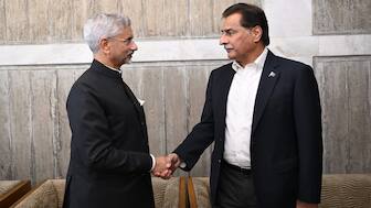 Sardar Ayaz Sadiq, Speaker of the National Assembly of Pakistan, exchanges greetings with External Affairs Minister S Jaishankar in Dhaka on Wednesday. Image Courtesy: @ChiefAdviserGoB 