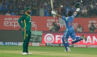 India's Yashasvi Jaiswal celebrates his century during the India vs South Africa third One Day International cricket match. AP