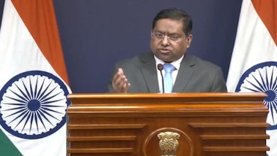 MEA Spokesperson Randhir Jaiswal addresses a press conference in New Delhi on Friday. ANI