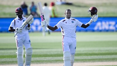 West Indian all-rounder Justin Greaves celebrates after completing his double century on Day 5 of the first Test against New Zealand in Christchurch. AP