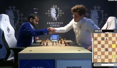 Arjun Erigaisi defeated Magnus Carlsen in 34 moves with white pieces in the fifth round. Image: Freestyle Chess Grand Slam
