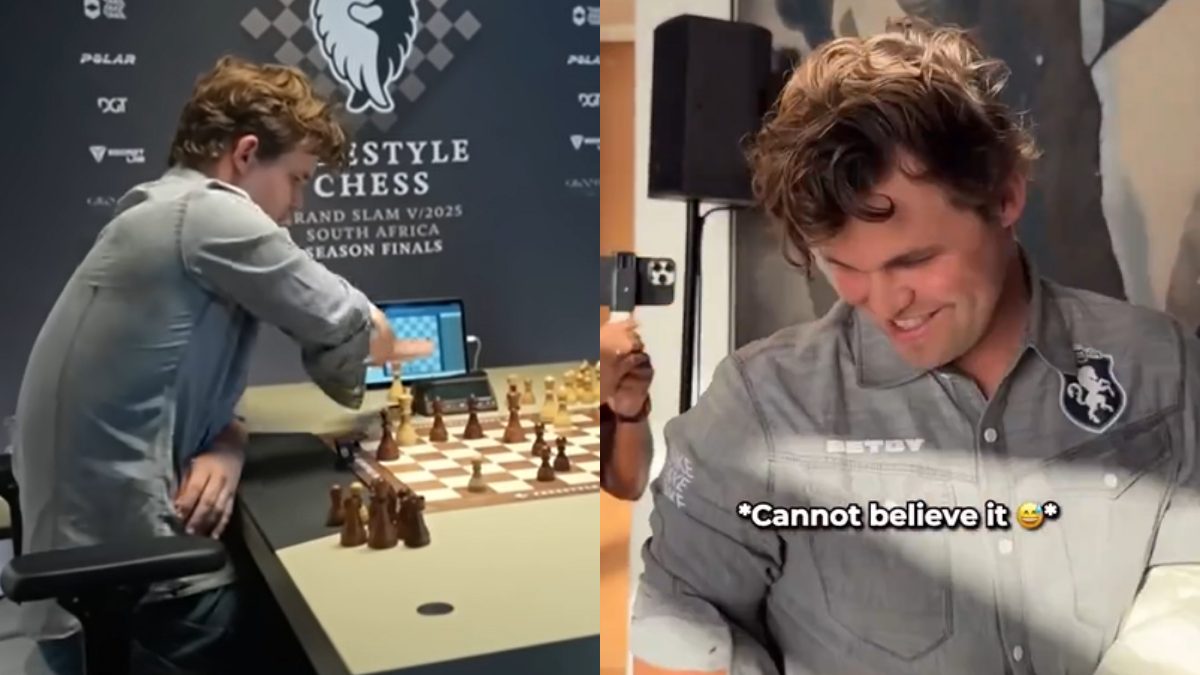 Magnus Carlsen somehow managed to avoid a loss to Javokhir Sindarov in tie-break as he reached the final of Freestyle Chess Grand Slam Tour Finals. Images: Freestyle Chess Grand Slam Tour/ChessBase India Magnus Carlsen somehow managed to avoid a loss to Javokhir Sindarov in tie-break as he reached the final of Freestyle Chess Grand Slam Tour Finals. Images: Freestyle Chess Grand Slam Tour/ChessBase India