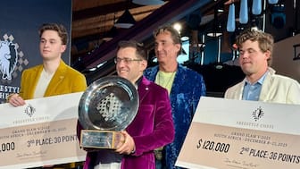 Levon Aronian won the finals of the Freestyle Chess Grand Slam by beating co-owner Magnus Carlsen in the final. Image: Abhyudaya Ram/ChessBase India