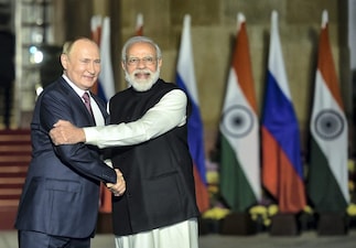 Prime Minister Narendra Modi receives Russian President Vladimir Putin for a meeting at the Hyderabad House, in New Delhi. Putin has accepted PM Modi's invitation to visit India and preparations are underway for it, Russian Foreign Minister Sergey Lavrov said on Thursday. (PTI Photo/Arun Sharma) (PTI03_27_2025_000169B)