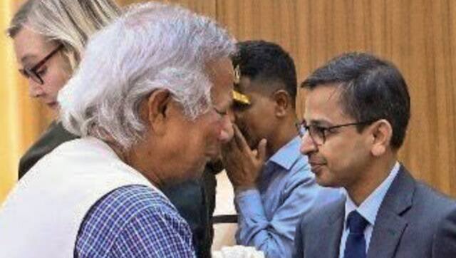 Indian High Commissioner Pranay Verma with head of interim government of Bangladesh Muhammad Yunus. PTI