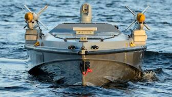 A sea drone Magura V7 of Ukraine's Defence Intelligence equipped with surface-to-air missiles rides in an undisclosed location in Ukraine, Saturday, Dec. 6, 2025. (AP Photo/Efrem Lukatsky)

