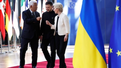 FILE - From left, European Council President Antonio Costa, Ukraine's President Volodymyr Zelenskyy and European Commission President Ursula von der Leyen arrive for an EU Summit at the European Council building in Brussels, March 6, 2025.- AFP