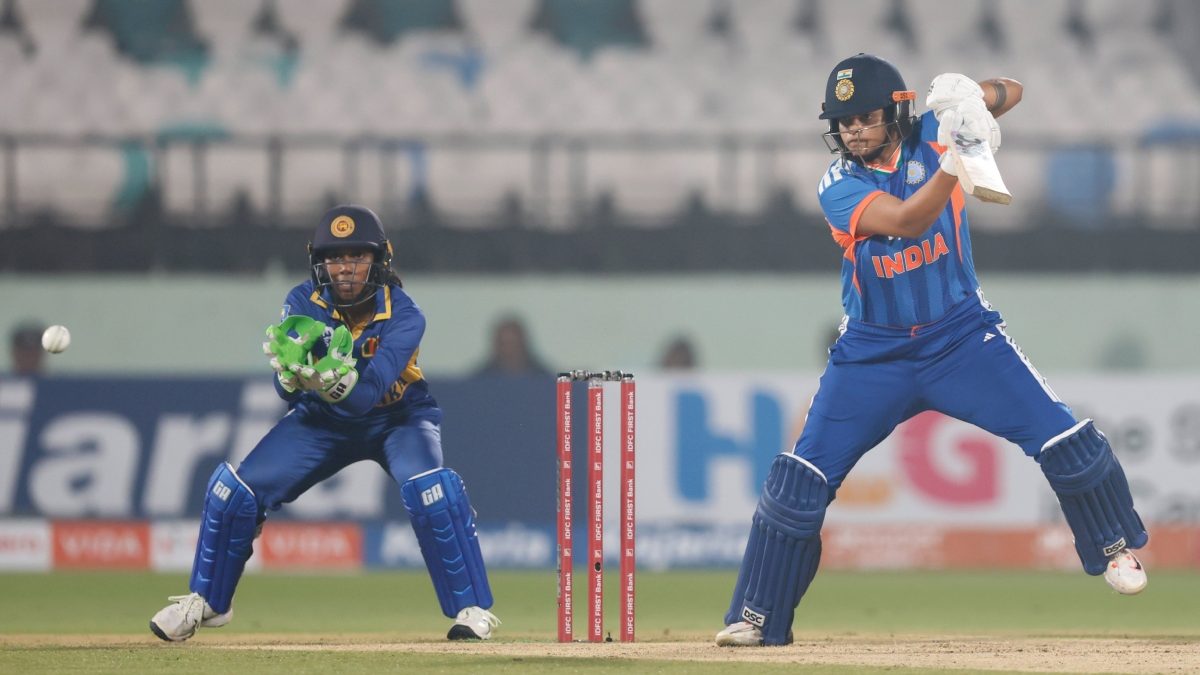 Shafali Verma plays a shot during India vs Sri Lanka 2nd T20I. X/BCCIWomen Shafali Verma plays a shot during India vs Sri Lanka 2nd T20I. X/BCCIWomen