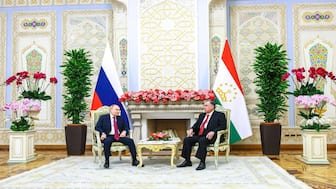 Russian President Vladimir Putin and Tajik President Emomali Rahmon attend a meeting at the Palace of the Nation in Dushanbe, Tajikistan, on October 9, 2025. Reuters File
