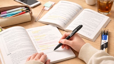 A student using Pilot's  Frixion pen (AI generated)