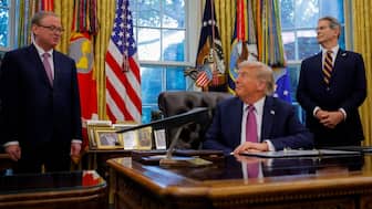 US President Donald Trump and US Secretary of the Treasury Scott Bessent listen as National Economic Council Director Kevin Hassett speaks, at the White House in Washington, DC, US, September 5, 2025. File Image/Reuters