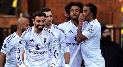 Manchester United's Joshua Zirkzee, second right, celebrates scoring with teammates. AP