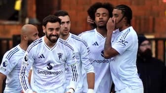 Manchester United's Joshua Zirkzee, second right, celebrates scoring with teammates. AP