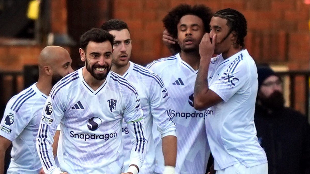 Manchester United's Joshua Zirkzee, second right, celebrates scoring with teammates. AP Manchester United's Joshua Zirkzee, second right, celebrates scoring with teammates. AP