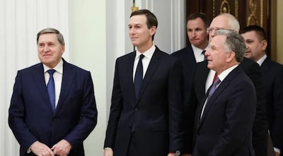 Russian Presidential foreign policy adviser Yuri Ushakov, left, U.S. President Donald Trump's son-in-law Jared Kushner, center, U.S. special envoy Steve Witkoff, foreground right, and Russian Direct Investment Fund CEO Special Presidential Representative for Investment and Economic Cooperation with Foreign Countries Kirill Dmitriev, behind Witkoff, arrive to attend talks with Russian President Vladimir Putin at the Senate Palace of the Kremlin in Moscow, Russia, Dec. 2, 2025. Image Credit: AP