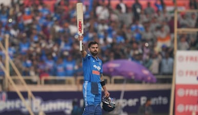 India's Virat Kohli celebrates his century during the first One Day International match between India and South Africa in Ranchi, India, Sunday, Nov. 30, 2025. AP
