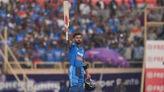 India's Virat Kohli celebrates his century during the first One Day International match between India and South Africa in Ranchi, India, Sunday, Nov. 30, 2025. AP