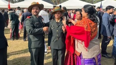 Sai Jadhav's parents pin the rank stars on her shoulders. Image Courtesy: @SSBCrack/X