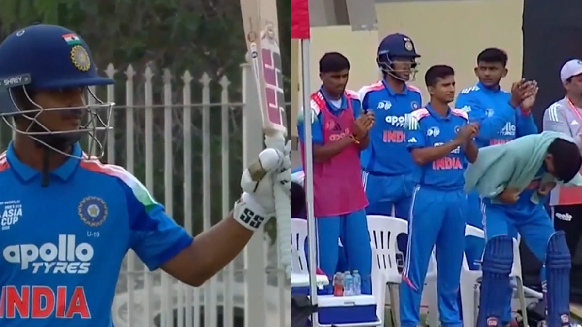 Abhigyan Kundu made a double century in 121 balls for India Under-19 side vs Malaysia. Images: SonyLIV
Abhigyan Kundu made a double century in 121 balls for India Under-19 side vs Malaysia. Images: SonyLIV