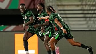 Nigeria's Wilfred Ndidi, center, center, celebrates with teammates after scoring his side's second goal during the Africa Cup of Nations group C soccer match between Nigeria and Tunisia in Fez, Morocco, Saturday, Dec. 27, 2025. AP