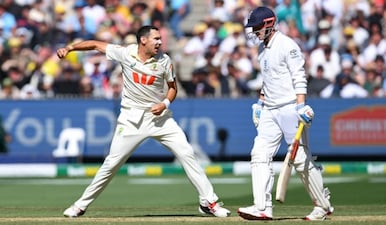 Scott Boland celebrates after claiming the big wicket of Harry Brook. Image: AFP