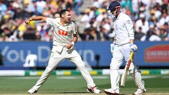 Scott Boland celebrates after claiming the big wicket of Harry Brook. Image: AFP