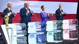 FIFA President Gianni Infantino, US President Donald Trump, Mexico's President Claudia Sheinbaum and Canada's Prime Minister Mark Carney pose with their cards during the draw for the 2026 FIFA Football World Cup. Image: AFP