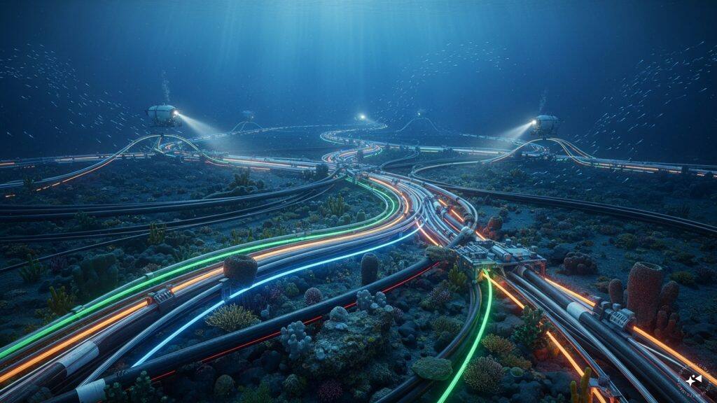A subsea cable is a long, insulated fibre-optic cable laid on the seabed to carry internet data, telecommunications, or electricity between countries and continents. (AI Image)