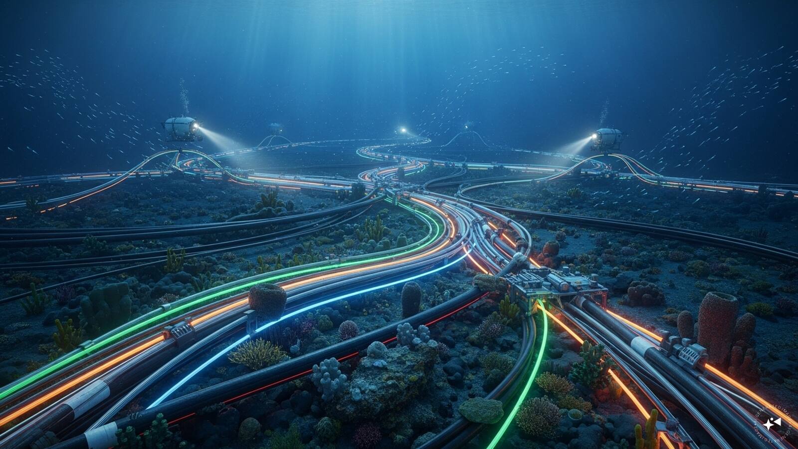A subsea cable is a long, insulated fibre-optic cable laid on the seabed to carry internet data, telecommunications, or electricity between countries and continents. (AI Image)