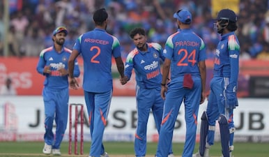 India's Kuldeep Yadav celebrates with teammates the wicket of South Africa's Marco Jansen during the third One Day International cricket match between India and South Africa in Visakhapatnam, India, Saturday, Dec. 6, 2025. AP