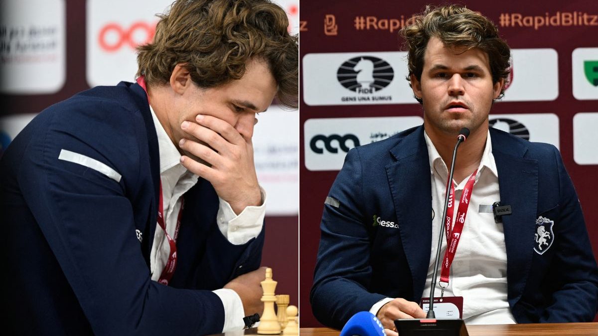 Magnus Carlsen was seen hiding his sponsor logo on Day 2 & 3 of World Rapid. Image: AFP Magnus Carlsen was seen hiding his sponsor logo on Day 2 & 3 of World Rapid. Image: AFP