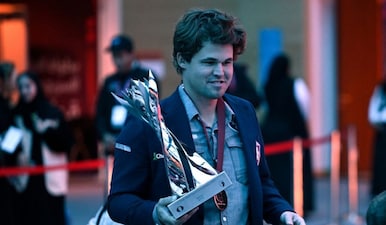 This is the fourth time Magnus Carlsen has won the double of Rapid and Blitz. Image: AFP