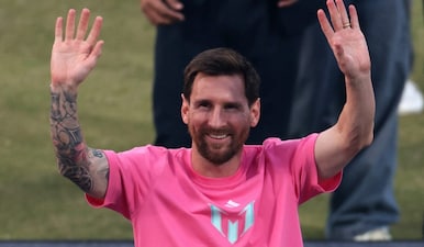 Argentina and Inter Miami's Lionel Messi waves to fans at the Arun Jaitley Stadium. Reuters