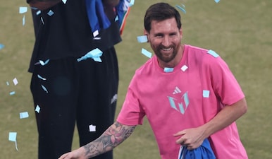 Argentina and Inter Miami's Lionel Messi reacts in New Delhi on his India tour. Reuters