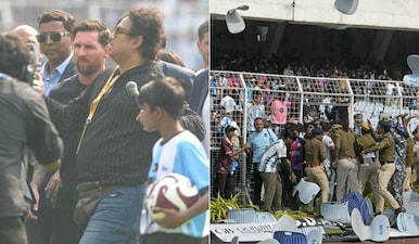 Lionel Messi's Kolkata visit turned chaotic after fans resorted to vandalism inside the stadium due to abrupt end of the event. Image: AFP