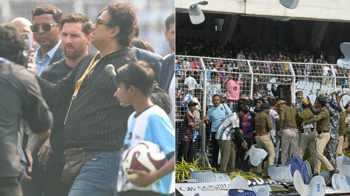 Lionel Messi's Kolkata visit turned chaotic after fans resorted to vandalism inside the stadium due to abrupt end of the event. Image: AFP Lionel Messi's Kolkata visit turned chaotic after fans resorted to vandalism inside the stadium due to abrupt end of the event. Image: AFP
