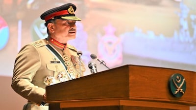 Pakistan's Chief of Defence Forces Asim Munir addressing military officials at a ceremony to mark his elevation. Image Courtesy: @defensetalks/X