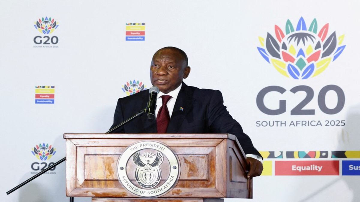South African President Cyril Ramaphosa speaks to members of the media on the sidelines of the meeting of the G20 foreign ministers, which is hosted by South Africa under the theme "Solidarity, Equality and Sustainability", at the NASREC conference centre in Johannesburg, South Africa, February 20, 2025. Reuters/Siphiwe Sibeko South African President Cyril Ramaphosa speaks to members of the media on the sidelines of the meeting of the G20 foreign ministers, which is hosted by South Africa under the theme "Solidarity, Equality and Sustainability", at the NASREC conference centre in Johannesburg, South Africa, February 20, 2025. Reuters/Siphiwe Sibeko