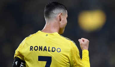 Al Nassr's Cristiano Ronaldo celebrates scoring their first goal in the Al Nassr v Al Okhdood match at Al Awwal Park in Riyadh, Saudi Arabia. Reuters